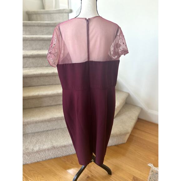 JS Collections Burgundy Red Floral Beaded Illusion Sheath Cocktail Dress - Picture 6 of 10